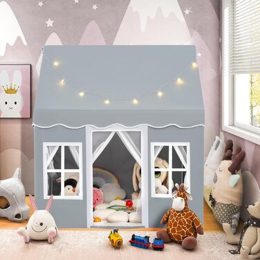 Дитячий намет DREAMADE з гірляндою та килимком, Тіпі, ігровий будиночок з вікнами, для хлопчиків та дівчаток, для дому та вулиці (Сірий)