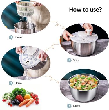 RAINBEAN Салатниця-сушарка велика з нержавіючої сталі, 5 літрів. Миття, віджимання та сушіння овочів та фруктів.