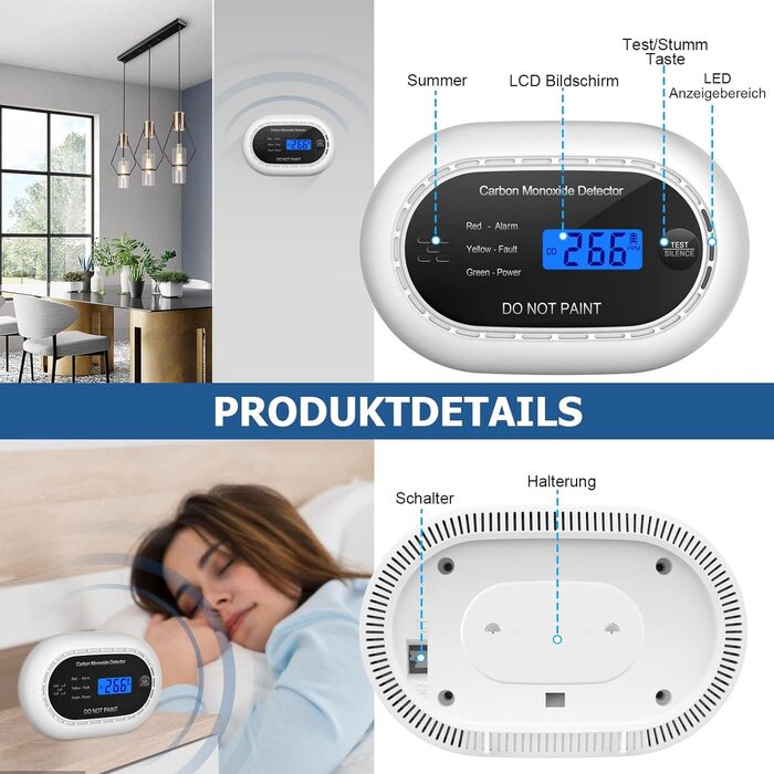 Детектор чадного газу з батареєю на 10 років, LCD-дисплеєм, акустичним сигналом 85dB, функцією вимкнення звуку, для безпеки вдома, EN50291, автономний, чорний