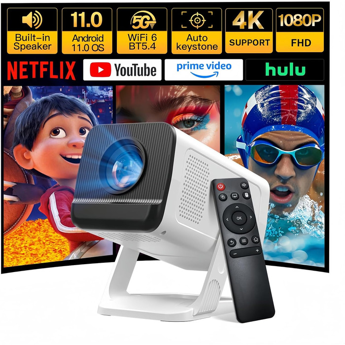 Портативний проєктор LYNCAST HY300 Pro з Wi-Fi, Bluetooth та Android 11. Підтримка 1080P/4K, поворотний на 180°, для домашнього кінотеатру та використання на відкритому повітрі (VisualCube 300 White)