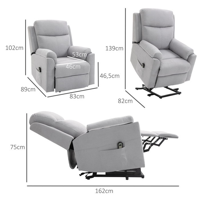 Крісло з електричною відкидною спинкою HOMCOM для літніх людей, льон Touch Light Grey 83 x 89 x 102 см, зручний допоміжний засіб для стоячи