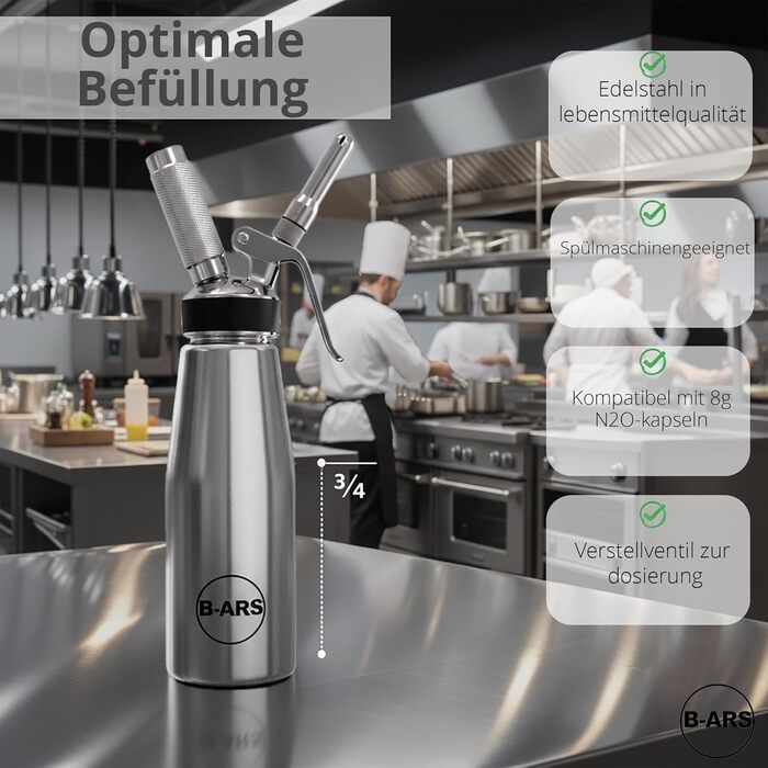 Дозатор для вершків B-ARS з нержавіючої сталі 0,5L з аксесуарами: насадки для декорування, голка для інжекцій, щітка для чищення, сумка для зберігання та електронна книга з рецептами