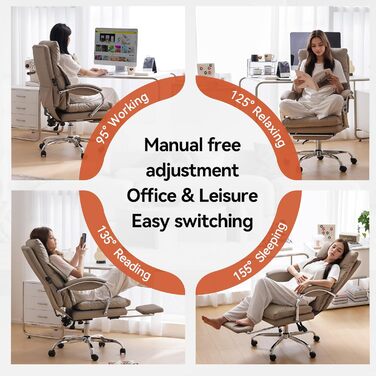 Офісний крісло EMIAH з підставкою для ніг, ергономічний крісло для офісу та дому, комп'ютерне крісло з PU шкіри, з підлокітниками та роликами (Хакі)