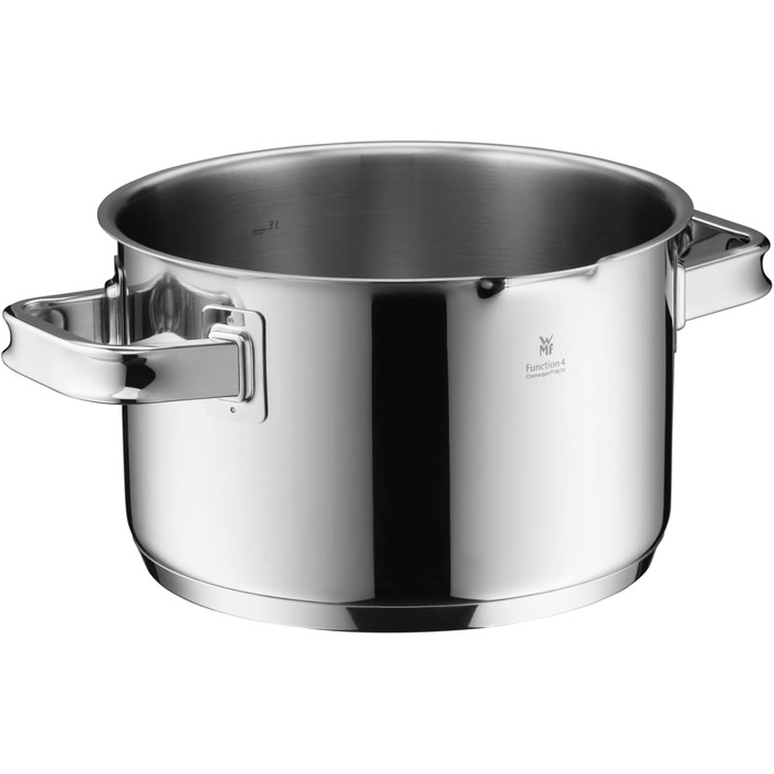 Каструля WMF Function 4 з нержавіючої сталі 16 см з кришкою, 1,4 л, індукційна, з нержавіючої сталі Cromargan, 4 функції зливу, внутрішня мірна шкала, срібна