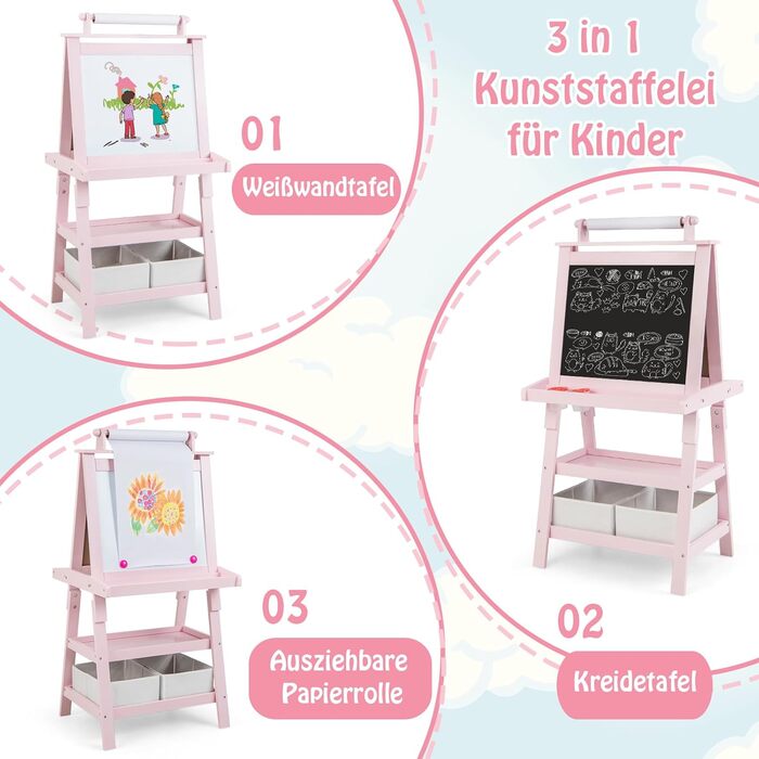 Дитячий мольберт COSTWAY 3-в-1, двостороння шкільна дошка, дошка та крейдяна дошка, включаючи аксесуари (рожевий)