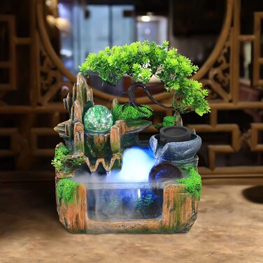 Фонтан HarBin-Star для дому та саду з LED-підсвіткою, водоспад, туман, кришталева куля, зелена рослина, десктопний фонтан, 34 x 24 x 34 см