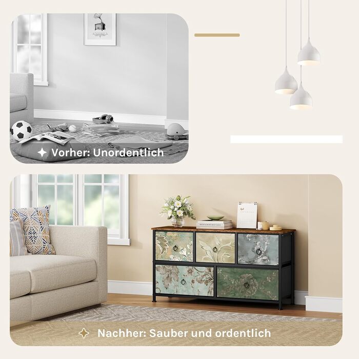 Комод WOLTU з 5 висувними ящиками з тканини, шафа-комод, тумбочка під ТБ, для вітальні, спальні, коридору, з металевим каркасом, ДСП, білий, SSK005ws. Білий (Рустикальний коричневий + чорний + вінтажний квітковий принт, 5 тканинних ящиків)