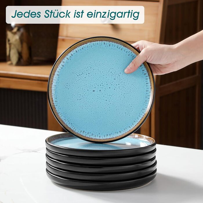 Набір посуду Steingut vancasso AMBER на 6 осіб (24 шт.) - тарілки, супові тарілки, десертні тарілки, миски, реактивна глазур, блакитний колір, придатний для миття в посудомийній машині