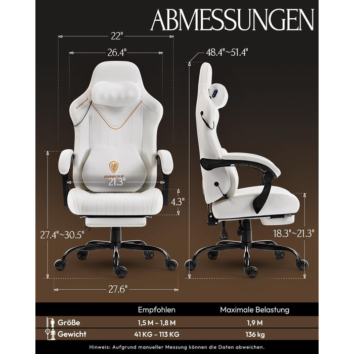 Ігровий крісло Dowinx з масажем, ергономічний дизайн, підтримка попереку та шиї, до 135 кг, шкіряне, чорний