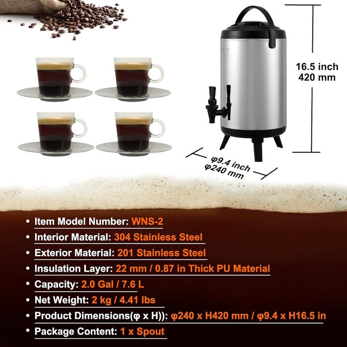 Диспенсер для гарячих та холодних напоїв VEVOR 17.2 л, нержавіюча сталь. Диспенсер для води, кави, молока, соку. Ізотермос 7.6 л