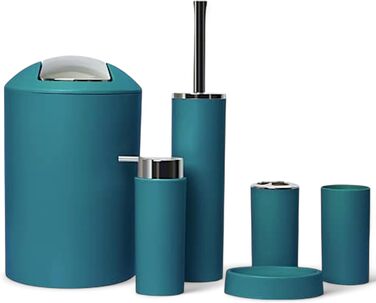 Набір аксесуарів для ванної кімнати 6tlg Badset: мильниця, стакан для зубних щіток, контейнер для косметики, щітка для унітазу з тримачем, мильниця, сміттєвий бак, тримач для зубних щіток, габардин для ванної (темно-бірюзовий дизайн 2a)