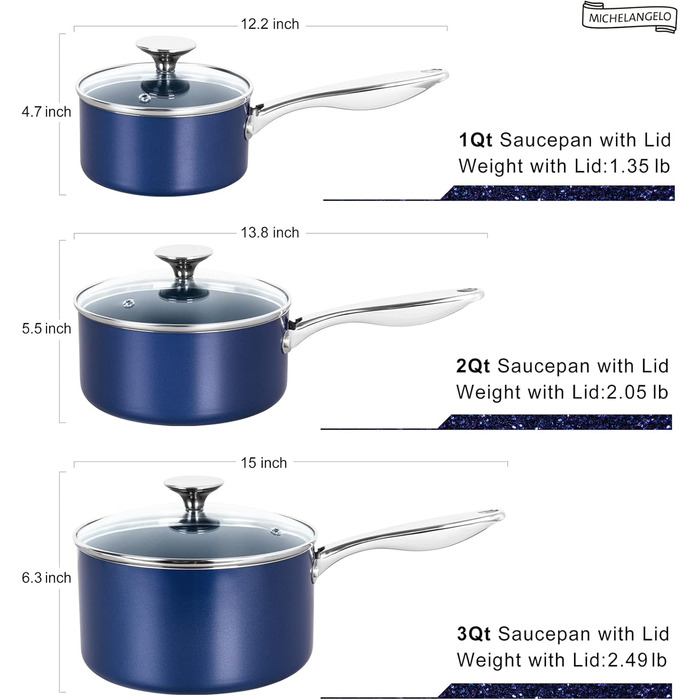 Набір каструль Michelangelo з керамічним покриттям, 1.5л, 2л, 3л, з кришкою, нержавіюча сталь, блакитний (1,2,3 літри)