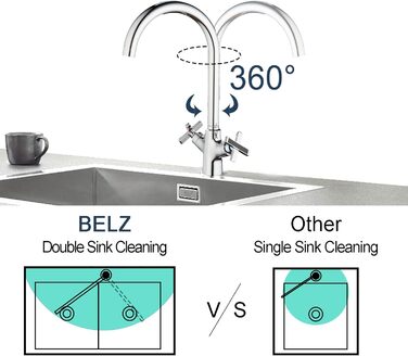Змішувач для кухні BELZ, подвійна ручка, обертається на 360, латунь хром