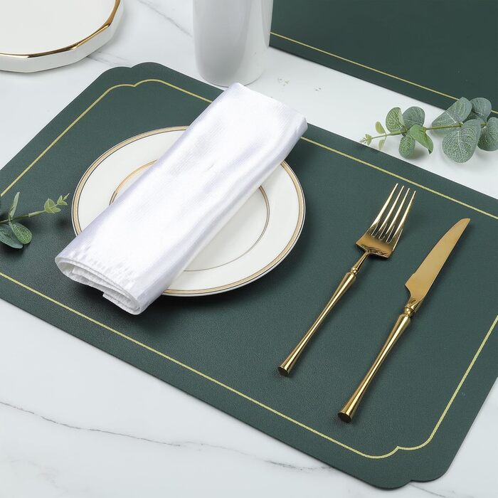 Набори підставки під тарілки Fanquare, 6 шт., зелені, прямокутні, з штучної шкіри, з золотим кантом. Стійкі до тепла, миючіся, неслизькі підставки для обіднього столу, весільної декоратації. Розмір: 45 * 30 см