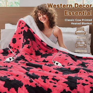 Електрична гріюча ковдра з принтом корови, повний розмір, 183 x 213 см, фіолетова, 10 режимів нагріву, автовимкнення через 8 годин, декор з гірської породи худоби, фліс, шерпа, тепла