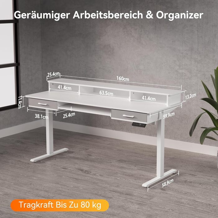 Регульований за висотою стіл WALKINGDESK з електроприводом, 160x60 см. Стіл для дому та офісу з висувними ящиками та підставкою для клавіатури, білий