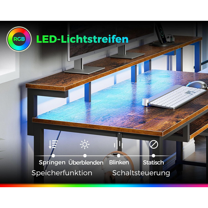Ігровий стіл Coleshome з LED підсвічуванням, стіл для комп'ютера з висувними ящиками з тканини, 2 розетки та 2 USB порти, стіл для ігор з підставкою для монітора, для дому та офісу, білий (140x48см, коричневий)