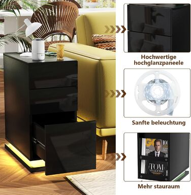 Вузька тумба приліжкова Lvhecforhm з LED-підсвіткою, чорна, з розеткою та USB, 16 режимів підсвітки, глянцева, 50x30x63 см