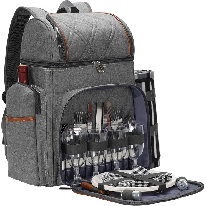 Набір для пікніка на 4 особи: рюкзак, корзина, сумка-холодильник, ковдра, для кемпінгу, парку (сірий)