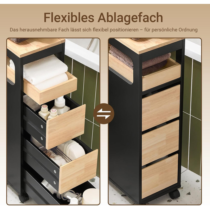 Шафка для ванної кімнати SoBuy з колесами, вузька шафка з 3 висувними ящиками, компактна тумбочка з дерева, навісна шафка для маленьких ванних кімнат, туалетів та кухонь, біла, 65x23x82 см, BZR54-W (чорний)