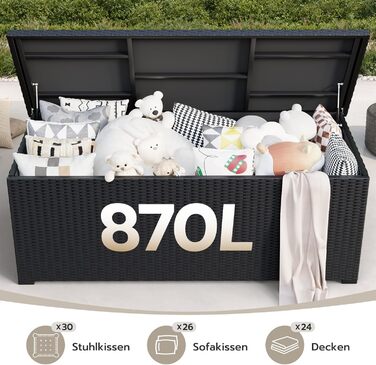 Скриня для подушок садових Polyrattan Amopatio 650л, водонепроникна, з газліфтом, чорна. Ящик для зберігання для саду та балкону