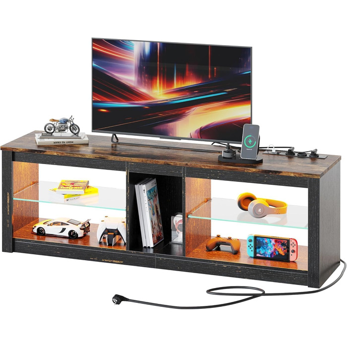 ТВ-тумба Bestier для телевізорів до 65 дюймів, 160x35x52 см з RGB-підсвічуванням та органайзером для кабелів, регульована скляна полиця, темно-коричневий