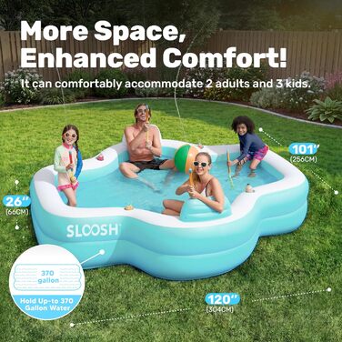 Надувний басейн SLOOSH з сидіннями, 305 x 257 x 66 см, сімейний басейн для відпочинку з підголівниками та тримачами для напоїв, ідеальний для літньої вечірки в саду або на газоні, колір блакитний