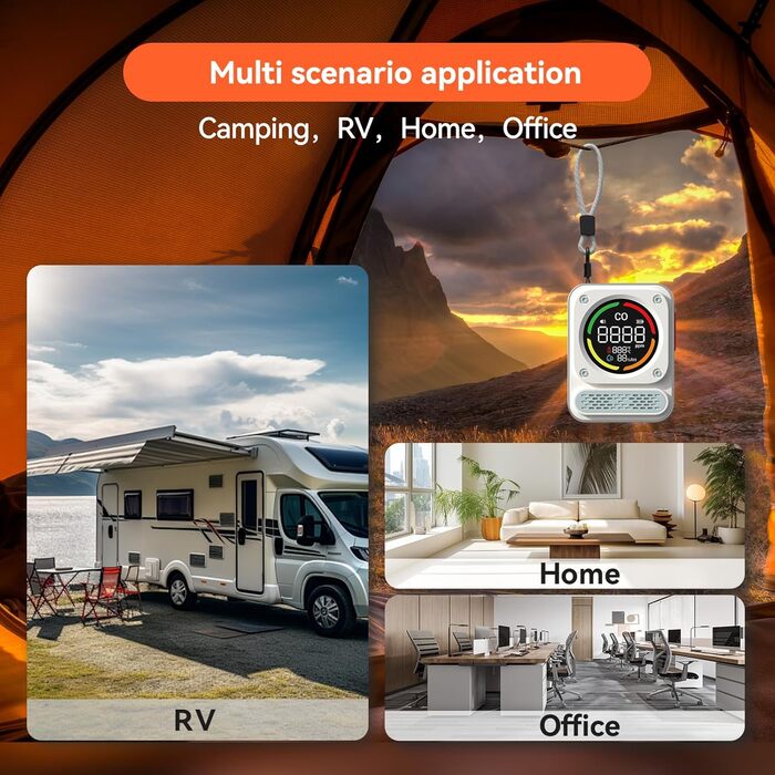 Портативний детектор чадного газу 3-в-1 з перезаряджаємою батареєю, сенсор на 10 років, 200 годин роботи для подорожей, кемпінгу, намету, автодому, дому, кухні