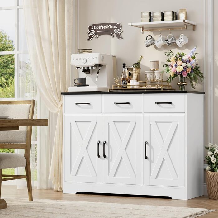 Сервант HOCSOK з 3 шухлядами та 3 дверцятами для кухні, буфет з робочою поверхнею, для вітальні, їдальні, з дерева, білий & коричневий (білий & чорний)