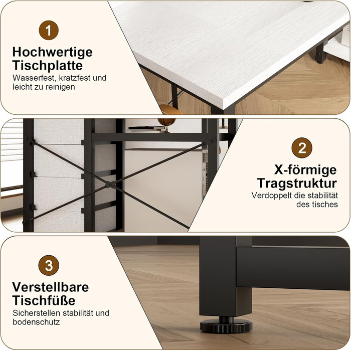 Комп'ютерний стіл L-подібний Devoko з 4 ящиками з тканини, 2 розетками та 2 USB-портами, для дому та офісу, ігор, білий, 140x80 см