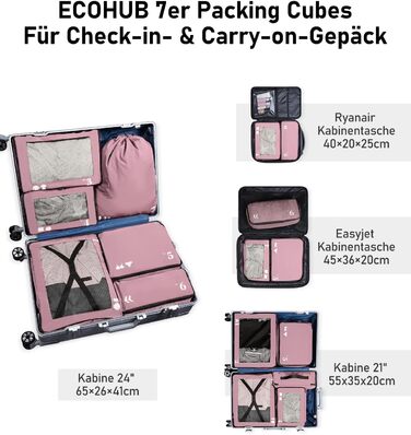 Набір органайзерів для подорожей ECOHUB (7 шт), дорожні компресійні сумки з переробленого PET, рожеві