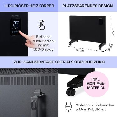 Електричний конвектор Klarstein: енергозбереження, керування через додаток, тиха робота, 1500 Вт, чорний