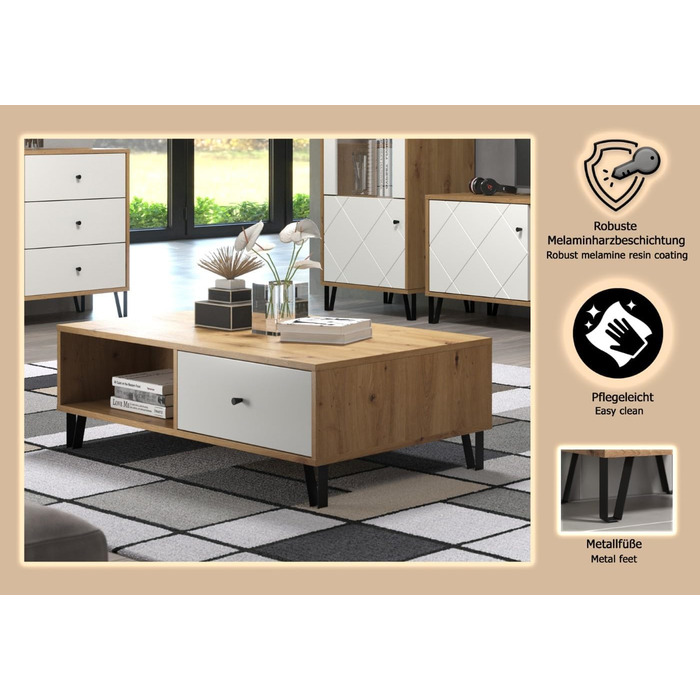 Тумба Trendteam Smart Living Touch з масиву дуба Artisan/білий колір - комод з 2 дверцятами та 4 відділеннями (110x37x60 см)