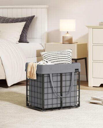 Кошик для білизни SONGMICS 50 л, складний контейнер для білизни, знімний мішок для білизни, який можна прати, металева решітка, для спальні, ванної кімнати, пральні, чорно-сірий LCB150G01