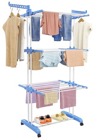 Вертикальна сушарка для білизни SIMPDIY з 6 складаними крилами та колесами, підлогова баштова сушарка для одягу для дому та вулиці, синя