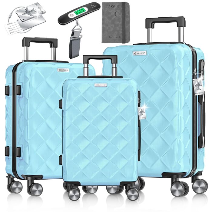 Набір дорожніх валіз KESSER з 3 предметів, ABS пластик, жорсткий корпус, кодовий замок, ваги для багажу та дорожній гаманець, колеса 360°, Sky Blue