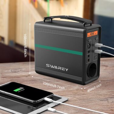 Портативна електростанція SWAREY 166 Втгод, 230 В змінного струму, 2 DC, USB-C PD 30 Вт, акумулятор LiFePO4, сонячний генератор S166