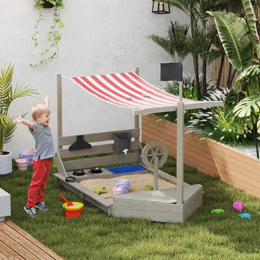 Outsunny Sandpit Sandpit Large з кришкою в дизайні корабля Грязьовик Дерев'яний вітрильний корабель Ігровий будиночок з кухнею Ігровий набір для зберігання для дітей 3-7 років Сірий 180 x 103 x 144.5 см