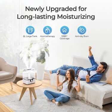 Зволожувач повітря Chivalz Top Fill для великих кімнат 6л з нічником, обертовою на 360° форсункою, 50 год роботи, аромадифузор для спальні, дитячої, рослин, немовлят, білий + 2 виходи туману