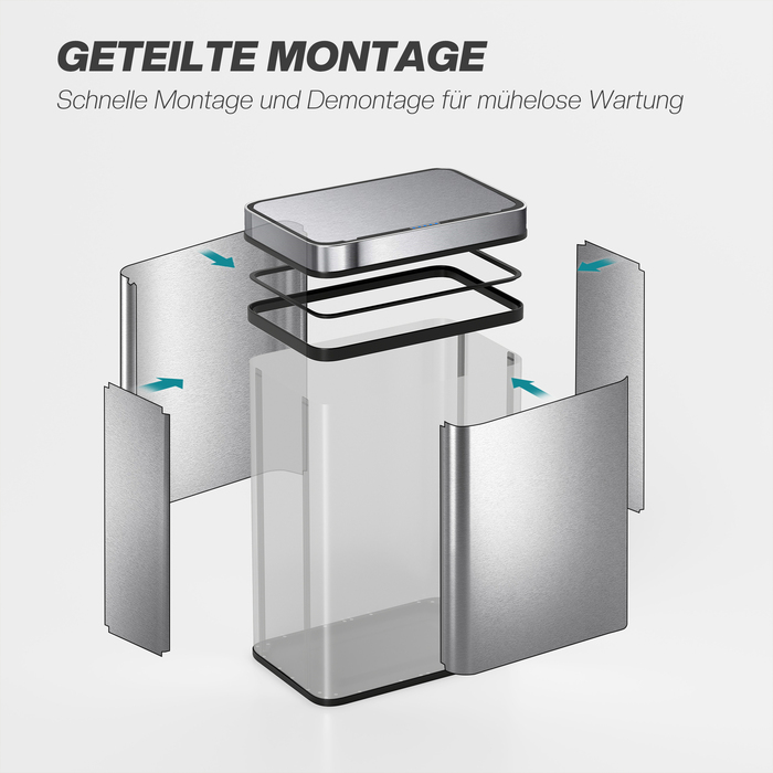 Відро для сміття 50 літрів із датчиком, автоматичний кришка, нержавіюча сталь, універсальне використання, сріблястого кольору