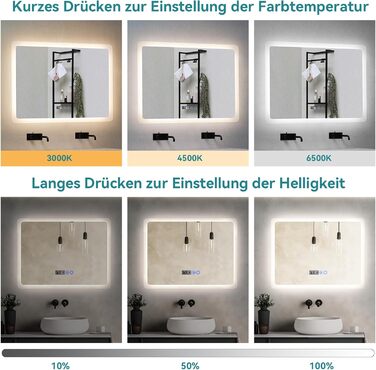 Дзеркало для ванної кімнати YU YUSING з підсвічуванням 80x60 см, LED, 3 кольори світла, регулювання яскравості, антизапар, сенсорне управління, таймер, загартоване скло, IP44, прозоре