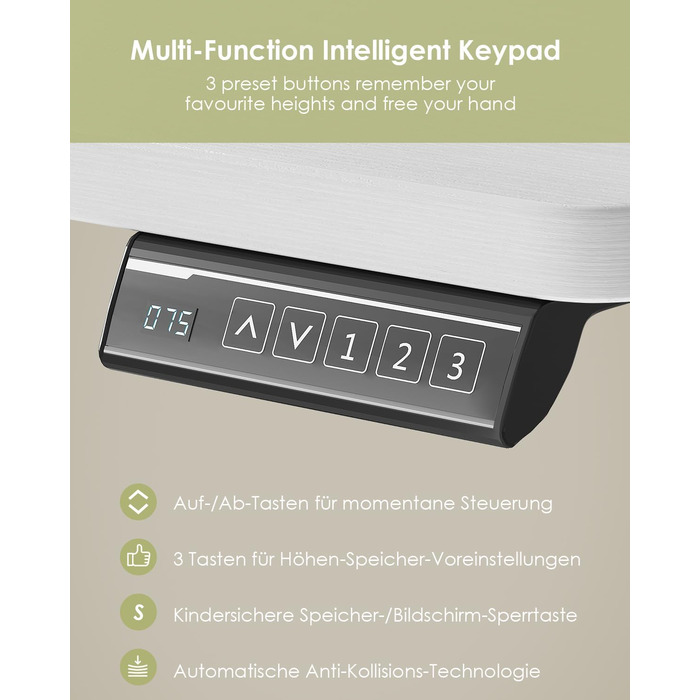 Електричний регульований стіл OffiGo 100x50 см з підставкою для клавіатури, 3 функції пам'яті, білий | Стіл для роботи та навчання