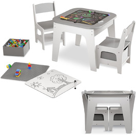 Дитяча меблева група Juskys Milou: стіл та 2 стільці - дерев'яний дитячий столик з місцем для зберігання, сірий колір