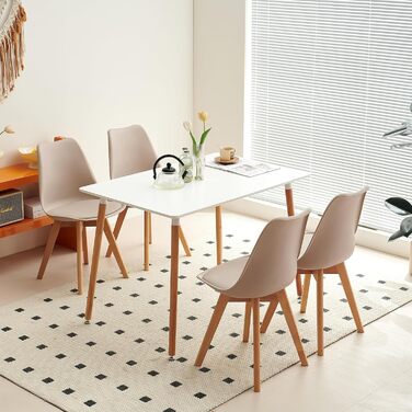 Обідній стіл з 4 стільцями для кухні/вітальні (110 см, прямокутний) - білий стіл та 4 світло-хакі стільці