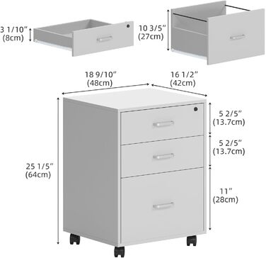 Шафа для документів на колесах SogesHome, офісний контейнер з 3 висувними ящиками, білий, з замком