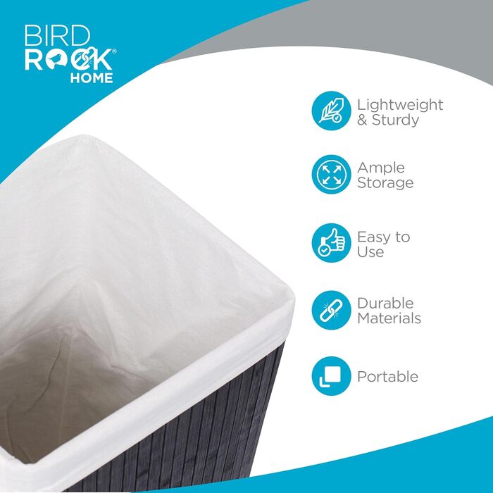 Корзина для білизни BirdRock квадратна з кришкою та підкладкою з тканини, бамбук, чорна, з мотузковими ручками