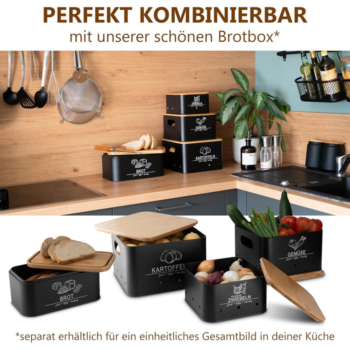 Коробки для зберігання картоплі та овочів MNKsolution (3 шт.) - Чорні контейнери для картоплі, овочів, цибулі та часнику - Органайзер для кухні