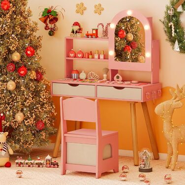 Дитячий туалетний столик DREAMADE 2 в 1 з кріслом, LED-дзеркало, шафка та ящики, для дітей від 3 років (Рожевий)