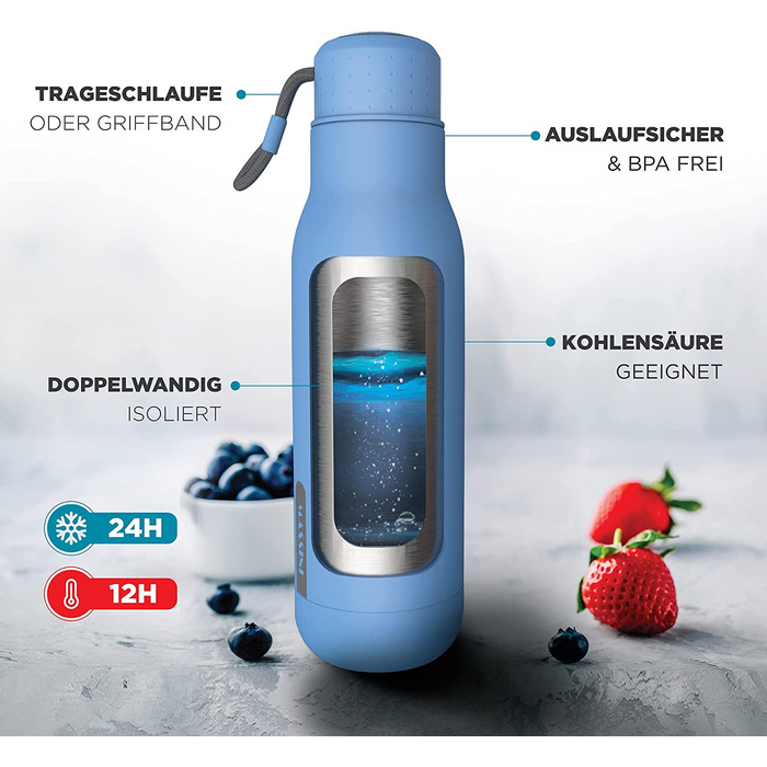Пляшка для пиття MASSINI з нержавіючої сталі, газована і герметична-дизайнерська пляшка об'ємом 500 мл на 12 годин з підігрівом і 24 години з охолодженням - ваша пляшка для води (500 мл, блакитна)