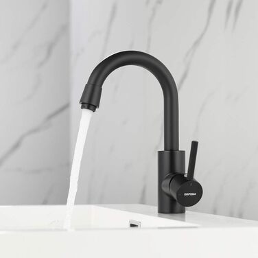 Змішувач для ванної кімнати GRIFEMA - поворотний на 360°, одноlever, нержавіюча сталь, 180 мм, гаряча та холодна вода, економія води, проста установка, з'єднання 3/8″, для гостьового туалету, G1002A (Чорний)